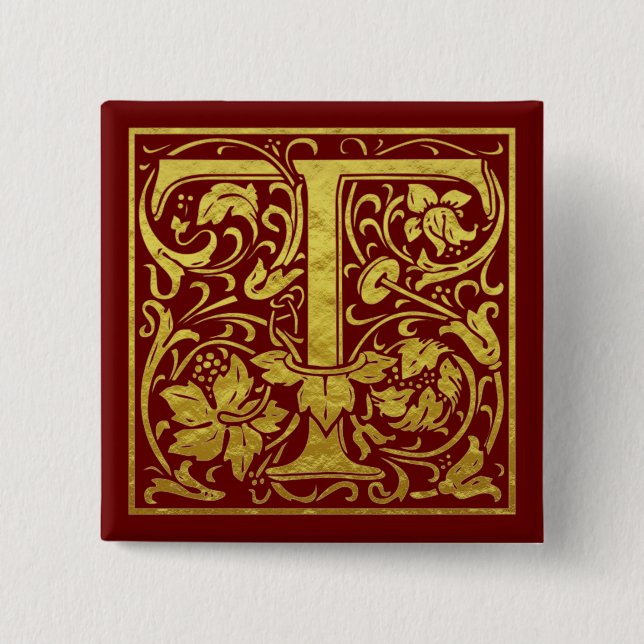 Chapa Cuadrada Letra T Primera Letra Faux Gold Red (Anverso)