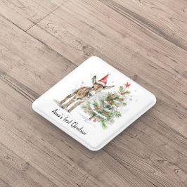 Chapa Cuadrada lindo bebe burro y árbol de navidad, personalizabl