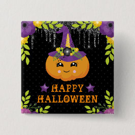 Chapa Cuadrada Lindo Floral de Calabaza Feliz Halloween