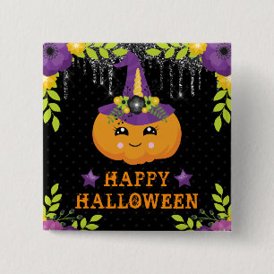 Chapa Cuadrada Lindo Floral de Calabaza Feliz Halloween
