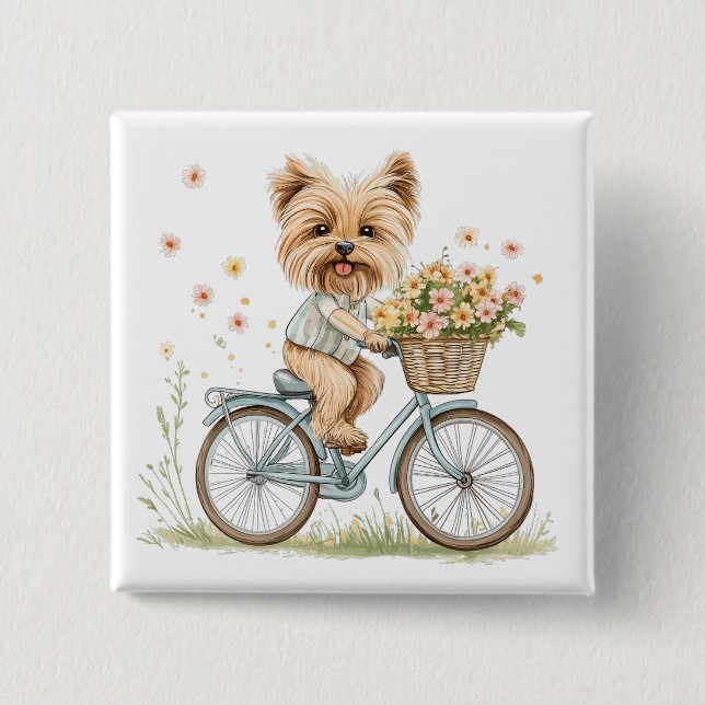 Chapa Cuadrada Lindo perro Yorkie en bicicleta con flores de prim (Anverso)