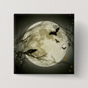 Chapa Cuadrada Luna llena con murciélagos y Raven