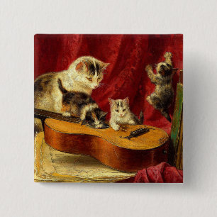 Chapa Cuadrada Madre gata y gatitos jugando con guitarra