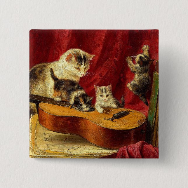 Chapa Cuadrada Madre gata y gatitos jugando con guitarra (Anverso)