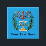 Chapa Cuadrada Magen persa David Menorah<br><div class="desc">Esta imagen fue adaptada de una antigua teja judía persa y cuenta con una menorah con un Magen David (Estrella de David) enmarcado por ramas de olivo. Se han conservado las imperfecciones de la imagen original pintada a mano.</div>