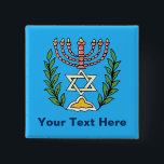 Chapa Cuadrada Magen persa David Menorah<br><div class="desc">Esta imagen fue adaptada de una antigua teja judía persa y cuenta con una menorah con un Magen David (Estrella de David) enmarcado por ramas de olivo. Se han conservado las imperfecciones de la imagen original pintada a mano.</div>