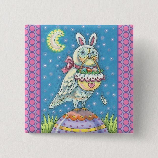 CHAPA CUADRADA MAGIC BARN OWL & EASTER BASKET, VACACIONES BUTTON  (Anverso)