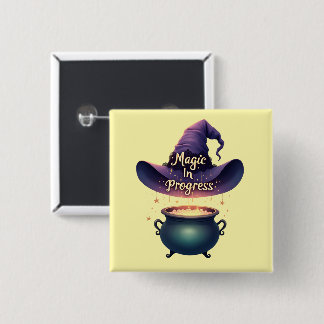 Chapa Cuadrada Magic In Progress Witch Hat & Cauldron Button