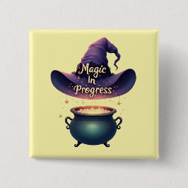 Chapa Cuadrada Magic In Progress Witch Hat & Cauldron Button