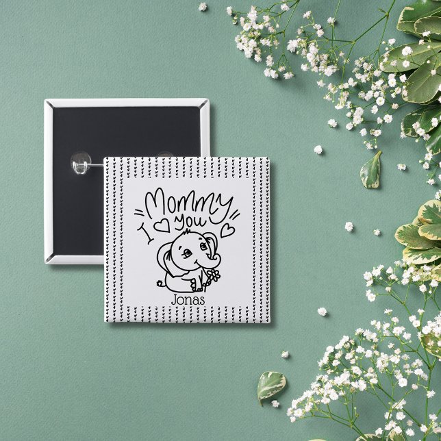 Chapa Cuadrada Mamá elefante y personalizado del Día de la Madre (Elephant Mum & Me Mother's Day custom Button)