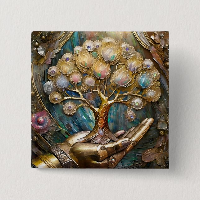 Chapa Cuadrada Mano De Robot Dorado Sosteniendo Árbol De Vida Dor (Anverso)