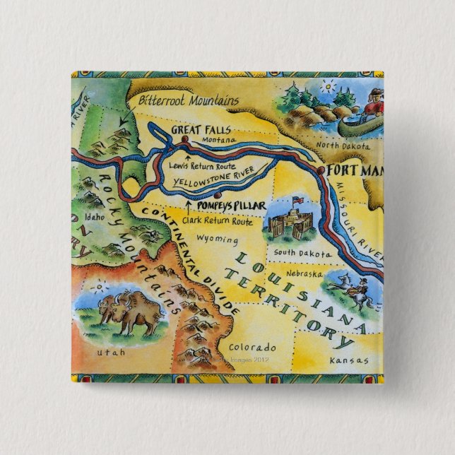 Chapa Cuadrada Mapa de expedición de Lewis y Clark (Anverso)
