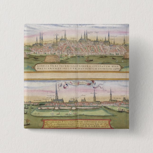Chapa Cuadrada Mapa de Lubeck y de Hamburgo, de 'Civitates Orbis (Anverso)