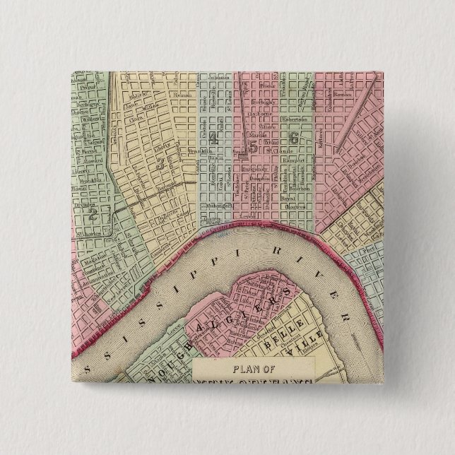 Chapa Cuadrada Mapa de Nueva Orleans por Mitchell (Anverso)