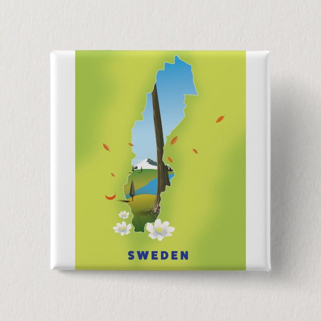 Chapa Cuadrada Mapa de Suecia ilustrado afiche de viajes. (Anverso)