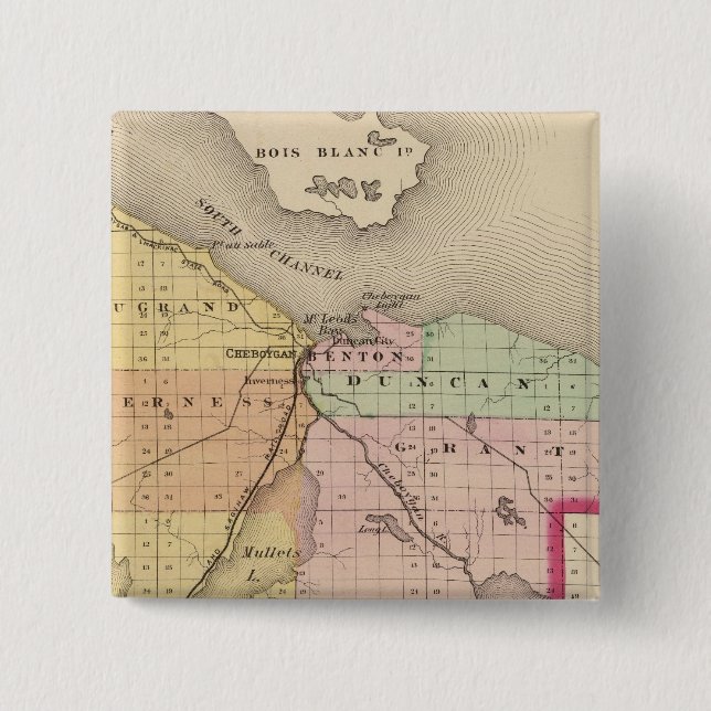 Chapa Cuadrada Mapa del condado de Cheboygan, Michigan (Anverso)