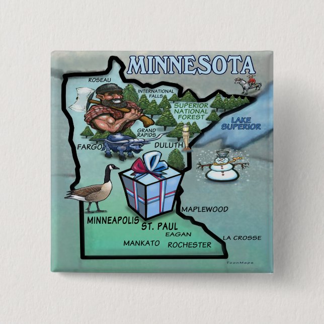Chapa Cuadrada Mapa del dibujo animado de Minnesota (Anverso)