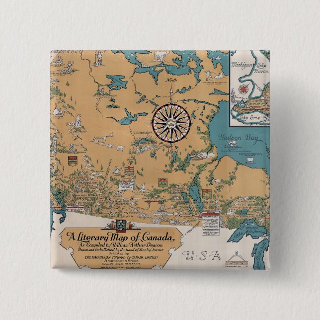 Chapa Cuadrada Mapa literario vintage de Canadá (Anverso)