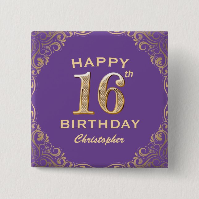 Chapa Cuadrada Marco Purpurina morado y dorado de la fiesta de cu (Anverso)