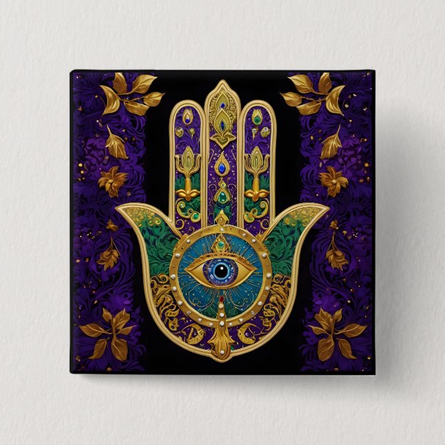 Chapa Cuadrada Mardi Gras Gold Purple Green Hamsas Art (Anverso)