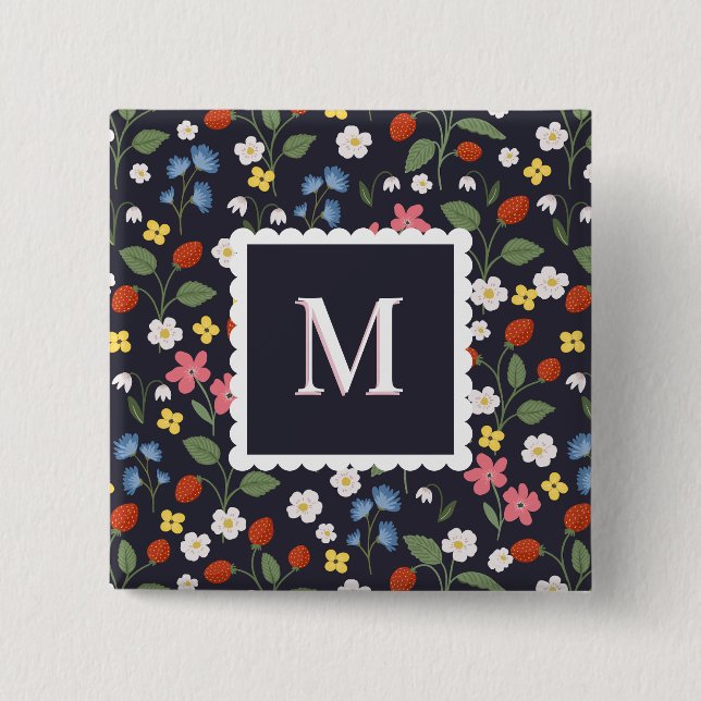 Chapa Cuadrada marina monogramada con estampado de fresa silvestr (Anverso)