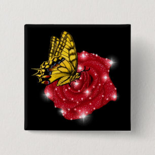 Chapa Cuadrada Mariposa en rosa roja con estrellas y gotas de llu