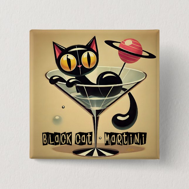 Chapa Cuadrada Martini de gato negro de la era espacial futurista (Anverso)