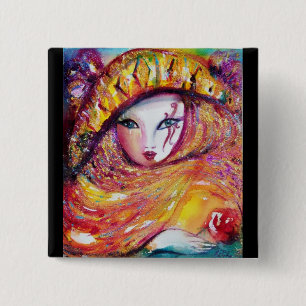 CHAPA CUADRADA MÁSCARA DE CARNAVAL EN AMARILLO ORO CON ROSA ROJA