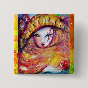 CHAPA CUADRADA MÁSCARA DE CARNAVAL EN AMARILLO ORO CON ROSA ROJA