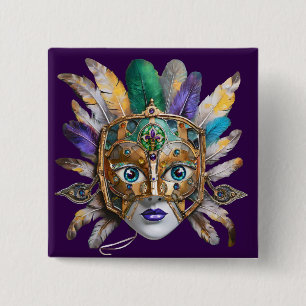 Chapa Cuadrada Máscara de plumas y metal de Mardi Gras