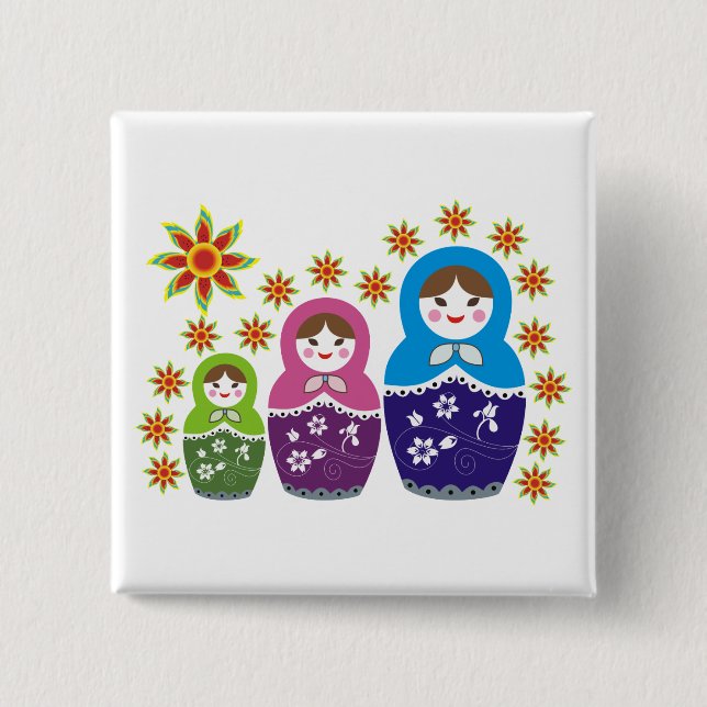 Chapa Cuadrada Matryoshka personalizado de muñecas y girasoles ru (Anverso)