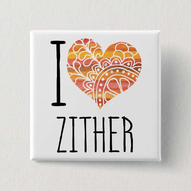 Chapa Cuadrada Me encanta Zither Naranja Mandala Heart (Anverso)