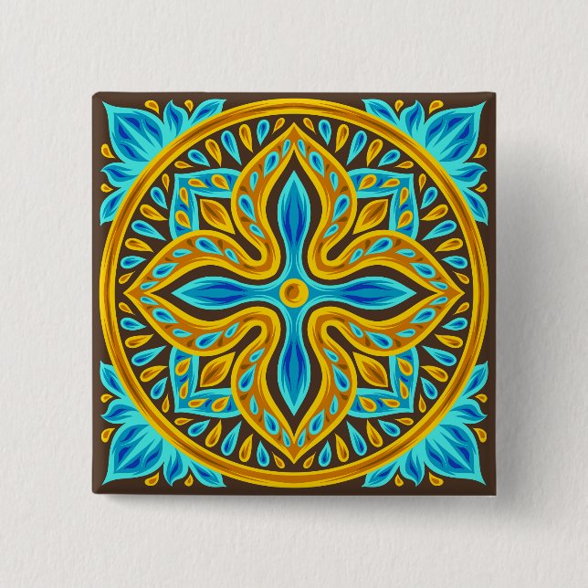 Chapa Cuadrada Mediterranean Moroccan Tile Pattern Blue and Gold (Anverso)