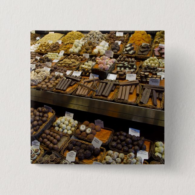 Chapa Cuadrada Mercat de Sant Josep, caramelos de chocolate surti (Anverso)
