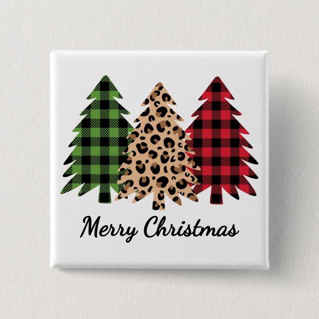 Chapa Cuadrada Merry Christmas Leopard and Plaid Trees Magnet (Anverso)