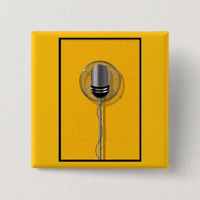 Chapa Cuadrada Micrófono Retro en Amarillo Intenso (Anverso)
