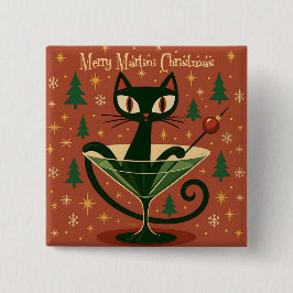 Chapa Cuadrada Mid Century Black Cat Merry Martini Christmas