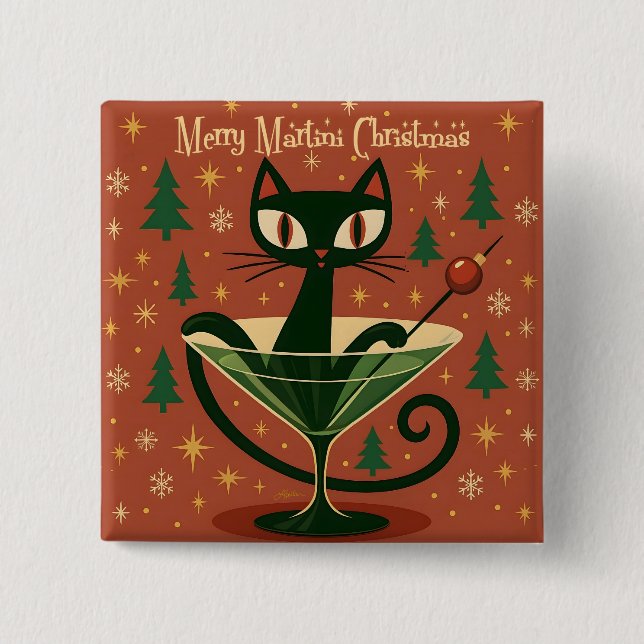 Chapa Cuadrada Mid Century Black Cat Merry Martini Christmas (Anverso)