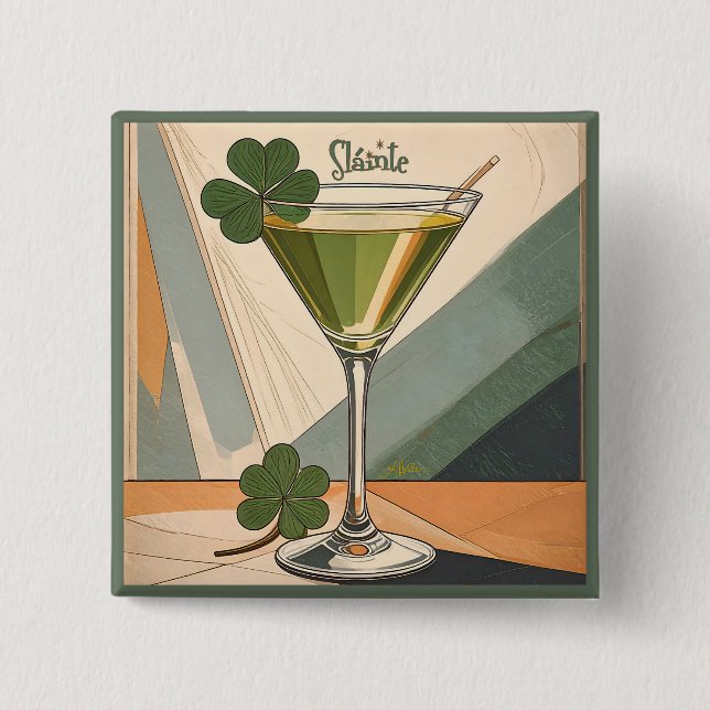 Chapa Cuadrada Mid Century Modern Art Shamrock Martini Sláinte!  (Anverso)