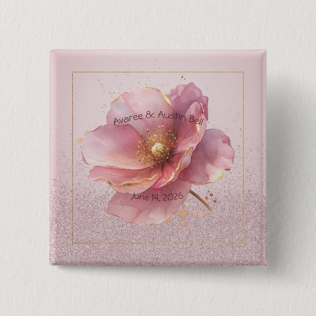 Chapa Cuadrada Minimalist Pink and Gold Poppy Wedding (Anverso)