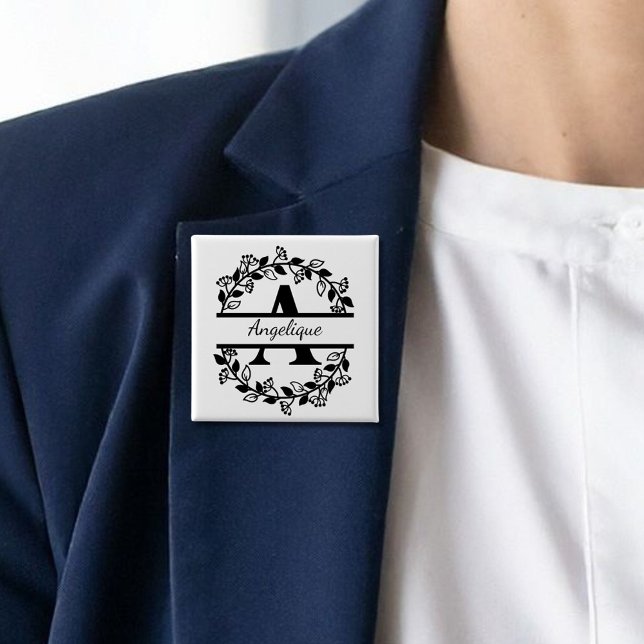 Chapa Cuadrada Modern Black Floral Wreath Split Monogram "A" (Subido por el creador)