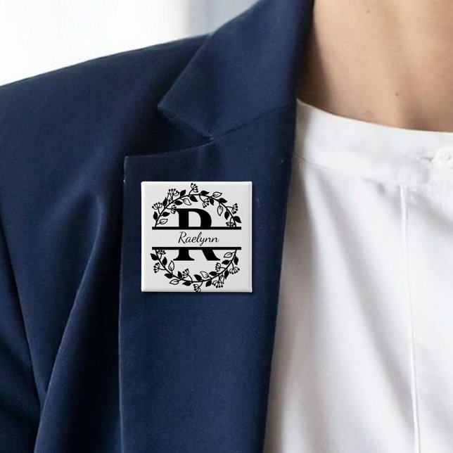 Chapa Cuadrada Modern Black Floral Wreath Split Monogram "R" (Subido por el creador)