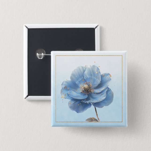 Chapa Cuadrada Modern Minimalist Gold and Blue Poppy Button (Anverso y reverso)