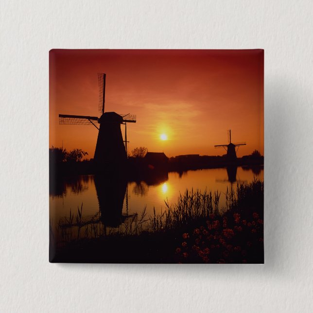 Chapa Cuadrada Molinos de viento al atardecer, Kinderdijk, Países (Anverso)