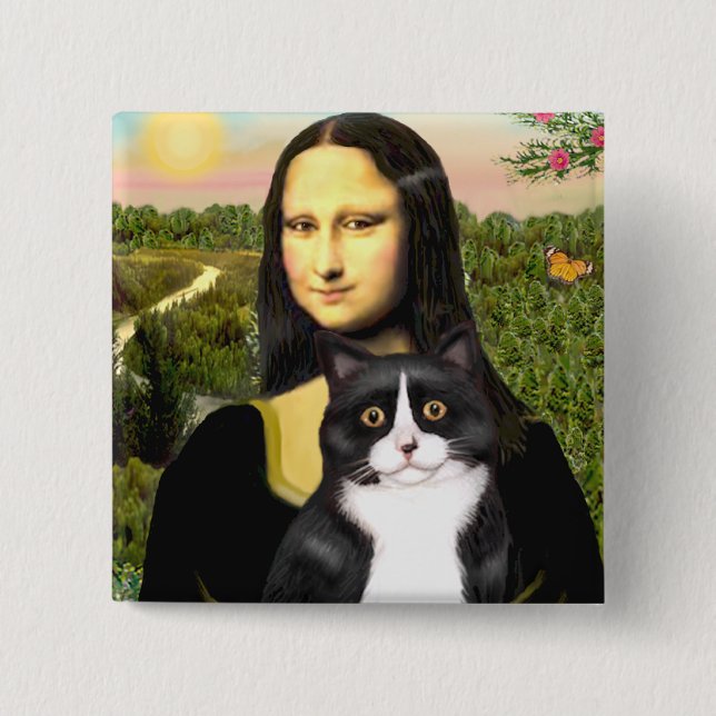 Chapa Cuadrada Mona Lisa - gato blanco y negro (Anverso)