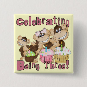 Chapa Cuadrada Mono Fiesta Rosado 3 camisetas de cumpleaños y reg