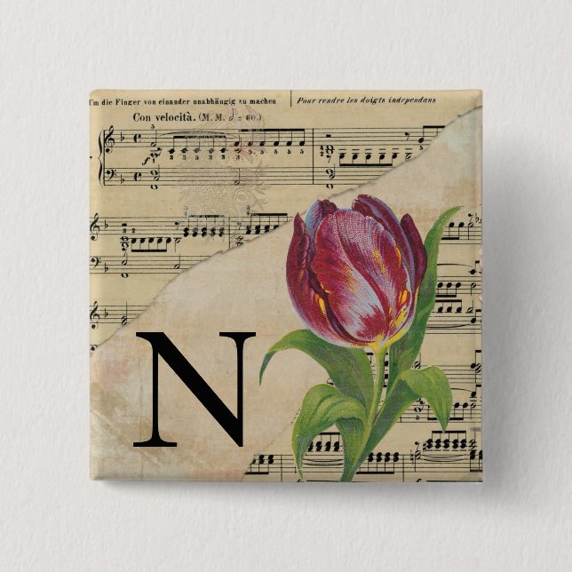 Chapa Cuadrada Monograma de música de hojas de tulipán púrpura N  (Anverso)