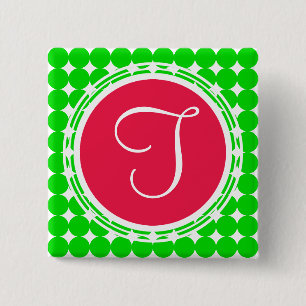 Chapa Cuadrada Monograma de puntos de polka rojo y verde
