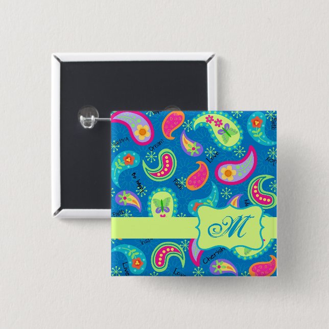 Chapa Cuadrada Monograma moderno verde azul turquesa Paisley (Anverso y reverso)