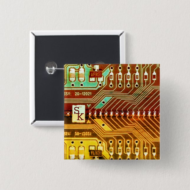 Chapa Cuadrada Monograma único retro Steampunk de Guay Verde azul (Anverso y reverso)